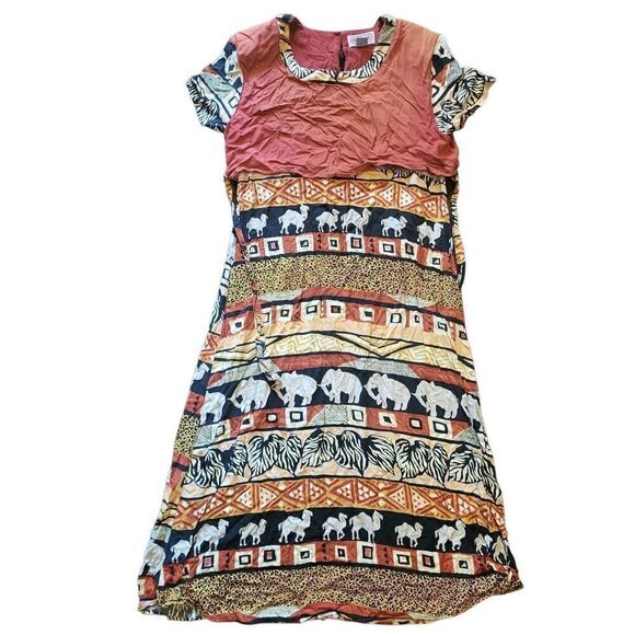 Vintage Dresses & Skirts - Vintage 90s Midi Dress Women's Medium Sagari Elephant Animal Print